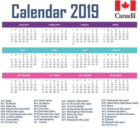 Canada 2019 Calendar With Holidays Holiday Calendar Printable Yearly