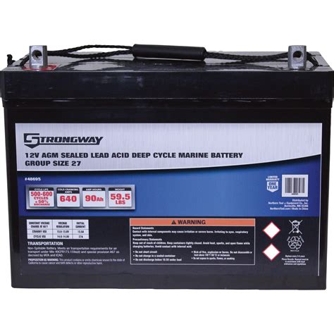 Strongway Deep Cycle Marine Battery — Group Size 27 12 Volt 90 Ah