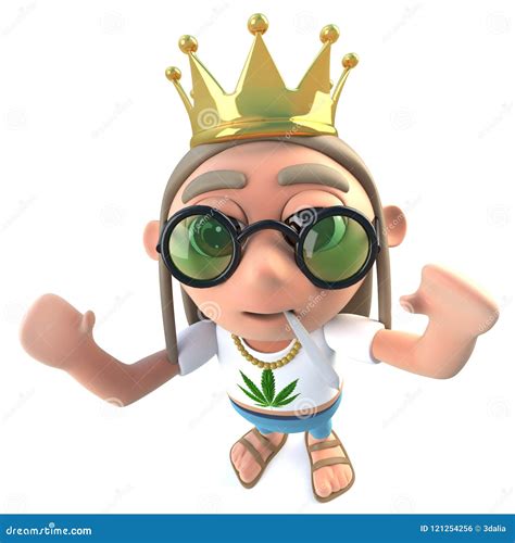 3d Funny Cartoon Hippy Stoner Character Wearing A Gold Crown Royalty