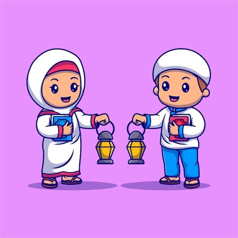 Premium Vector Cute Boy And Girl Muslim Holding Quran Book With