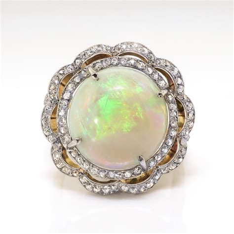 Antique Opal Diamond Ring Circa 1900s 641ct Tw Natural Opal And Rose