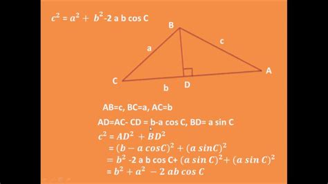 Prove the law of cosines c2 = a2+b2-2 a b cos C for a triangle - YouTube