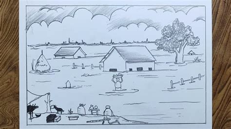 Flood Scenery Drawinghow To Draw Flood Easily With Pencil Youtube