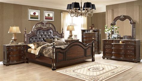 Dark Cherry Upholstered Poster Bed Luxury Bedroom Furniture Set Marble Tops