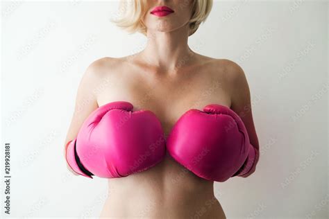 Naked Woman Covers The Bare Breast Pink Boxing Gloves Sexy And Strong Feminism Girl Power