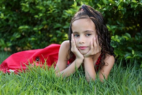 Free Download Girl Red Dress Green Grass Girl Looking Girl In