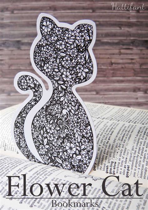 Stress relieving designs animals, mandalas, flowers, paisley patterns and so much more: Flower Cat Bookmarks - Hattifant