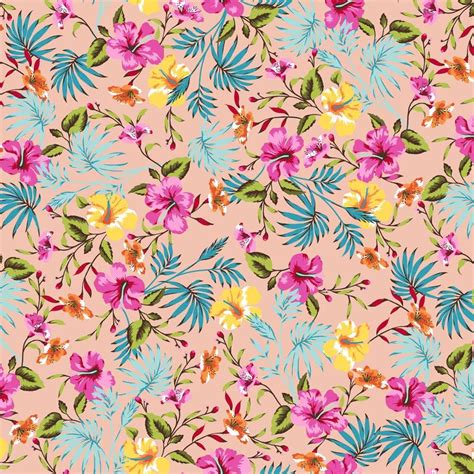 Peach Fuchsia Yellow Floral Tropical Pattern Printed On Rayon Spandex Jersey Knit Fabric By The
