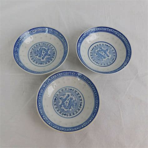 Lot Of 3 Vtg Jingdezhen China Rice Grain Blue White Dragon Porcelain 4 Sauce Ebay White