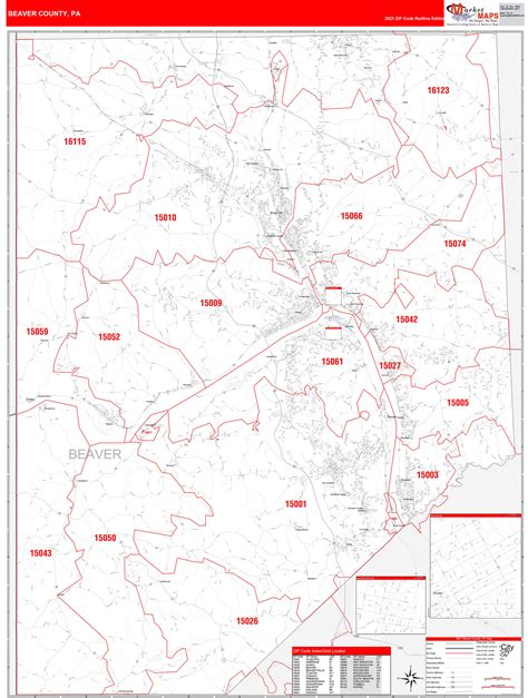 Beaver County, PA Zip Code Wall Map Red Line Style by MarketMAPS - MapSales