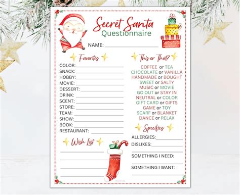 Secret Santa Questionnaire Secret Santa Survey Printable Etsy