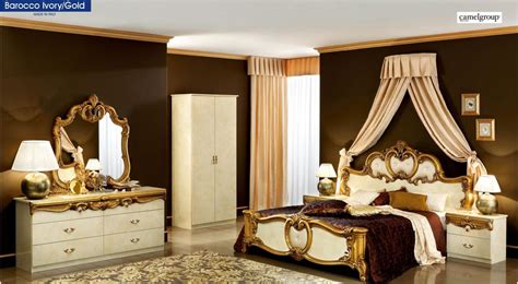 Luxury Glossy Ivory Gold King Bedroom Set 5pcs Classic Made In Italy