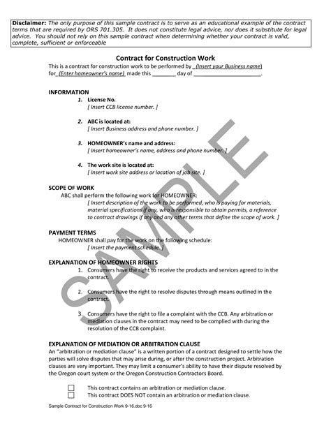 Construction Work Contract Sample Templates At