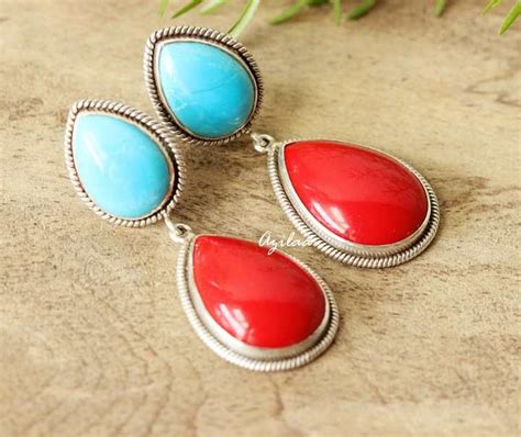 Red Coral Turquoise Earrings Designer Sterling Silver Earrings At