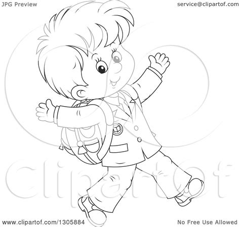Lineart Clipart Of A Cartoon Black And White Happy School Boy Walking