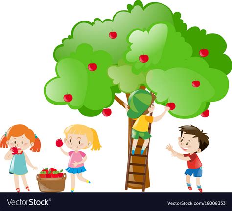 Children Picking Apples From Tree Royalty Free Vector Image