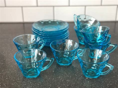 1960s Hazel Atlas Capri Dot Skol Tea Cups Saucers Azure Blue