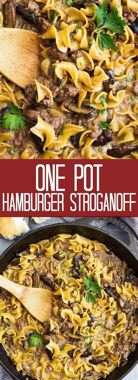 Browned ground beef is simmered with garlic and condensed cream of mushroom soup, then mixed with prepared egg noodles and sour cream. One Pot Hamburger Stroganoff is a quick and easy recipe ...