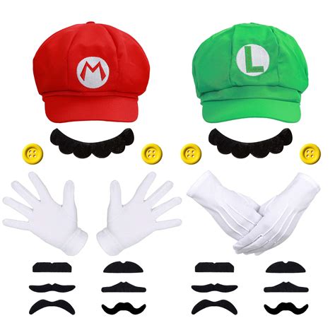 Super Mario Bros Mario And Luigi Hats Mustaches Gloves Buttons Cosplay