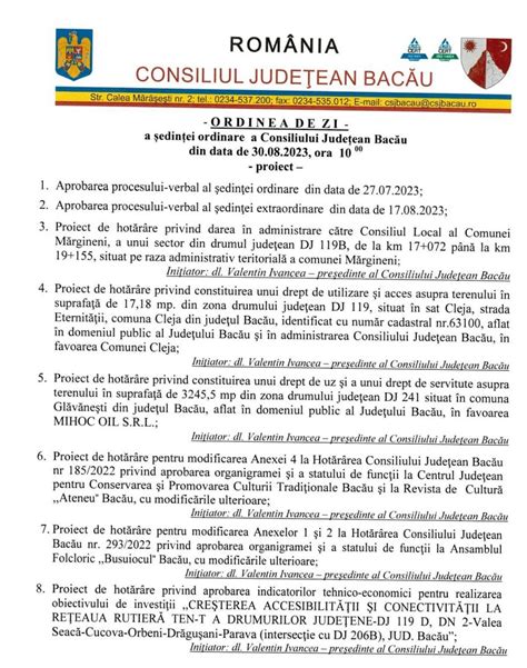 Ordine de zi Ședința ordinară a Consiliului Județean Bacău din 30 08