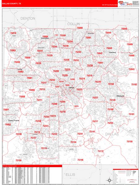 Dallas County Tx Zip Code Wall Map Red Line Style By Marketmaps