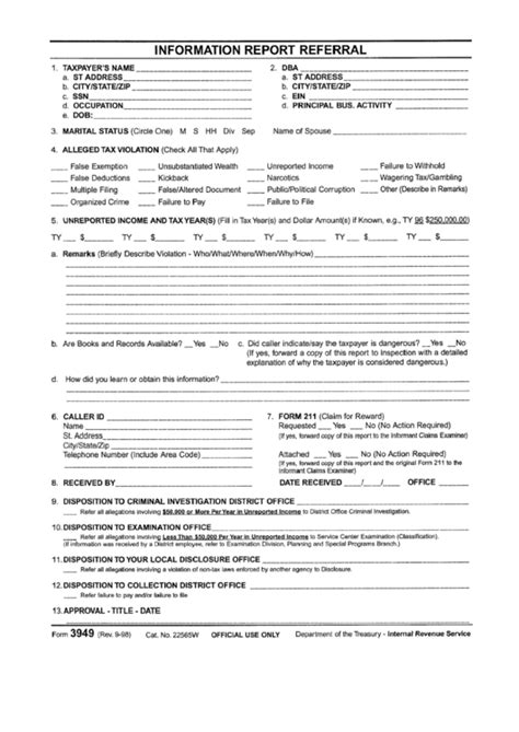 Form 3949 Information Report Referral Department Of The Tressury