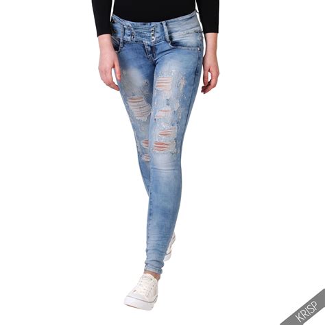 Womens Fashion Bling Ripped Frayed Faded Denim Slim Fit Skinny Jeans