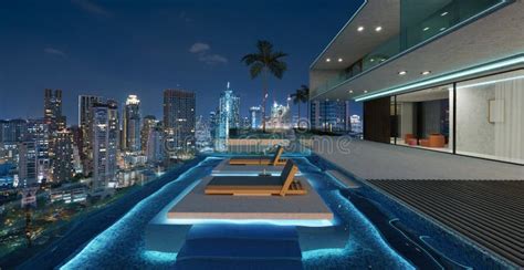 Luxury Villa Exterior Design With Beautiful Night Cityscape At The