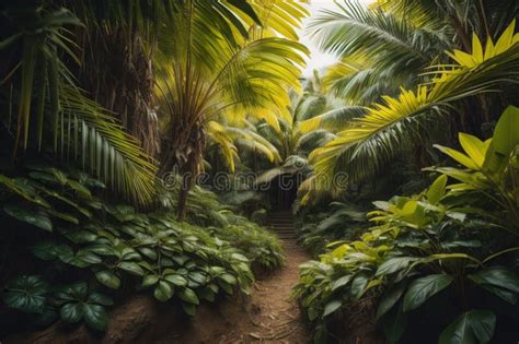 Tropical Garden With Palm Trees And Pathway In The Rainforest