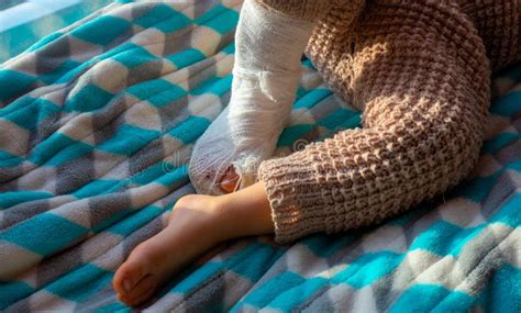 Child With Bandage On Leg Heel Fracture Broken Right Foot Splint Of
