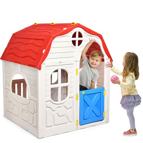 Costway Kids Cottage Playhouse Foldable Plastic Play House Indoor