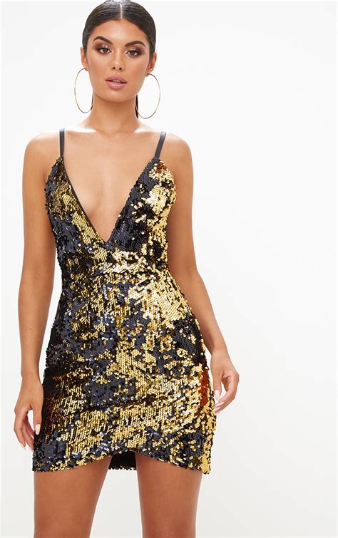 gold wrap front sequin bodycon dress prettylittlething