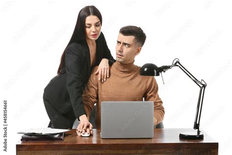 Beautiful Young Secretary Seducing Her Boss On White Background Concept Of Harassment Stock