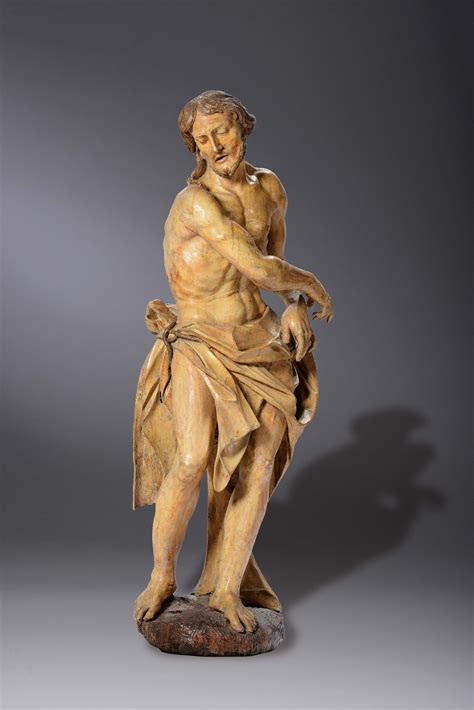 Grande scultura in legno policromo raffigurante Cristo alla colonna ...