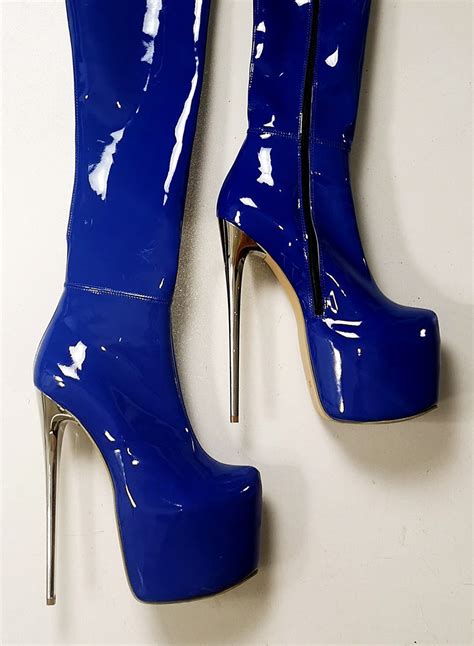 saxe blue gloss thigh high heel boots tajna club