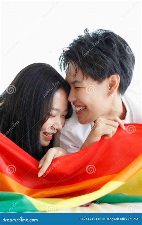 Lgbtq Couple Lovers A Handsome Girl As A Man Or Femme Girl Laying On A