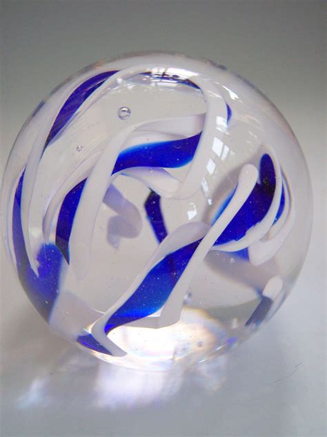 Hand Blown Art Glass Paperweight In Blue And White By Bill