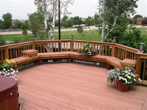 Exterior Brown Wooden Patio Deck With Curved Brown Wooden Bench And