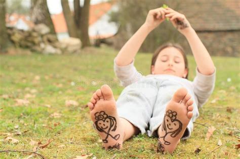 Girl With Hearts On Soles Barefoot Kid Funny Girl With Drawen Hearts