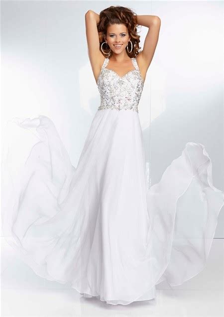Sweetheart Neckline Flowing Long White Chiffon Beaded Prom Dress With