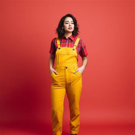 Premium Ai Image A Woman In Yellow Overalls Stands In Front Of A Red