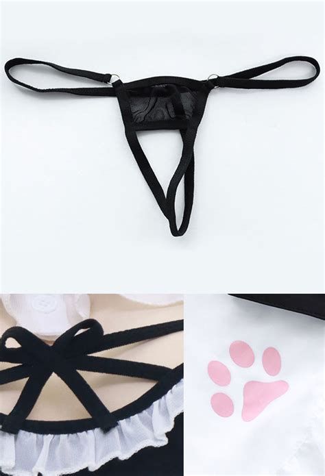 See Through Lingerie Two Piece Cat Paw Print Maid Chest