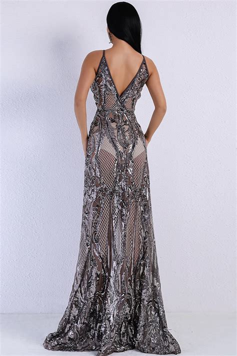 Sexy V Neck Sleeveless Sequins Long Prom Dress With Split