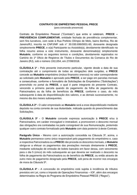 PDF CONTRATO DE EMPRÉSTIMO PESSOAL PRECE para Contrato de Empréstimo Pessoal Contrato