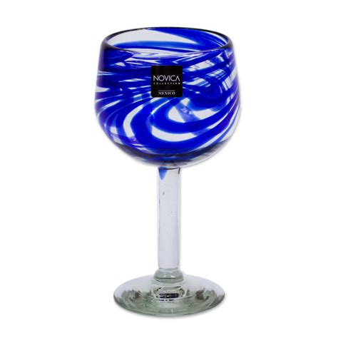 Unicef Market Handblown Eco Friendly Wine Glasses With Blue Hue Set Of 6 Blue Ribbon