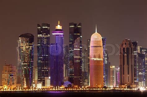 Doha Downtown Skyline At Night Qatar Stock Image Colourbox