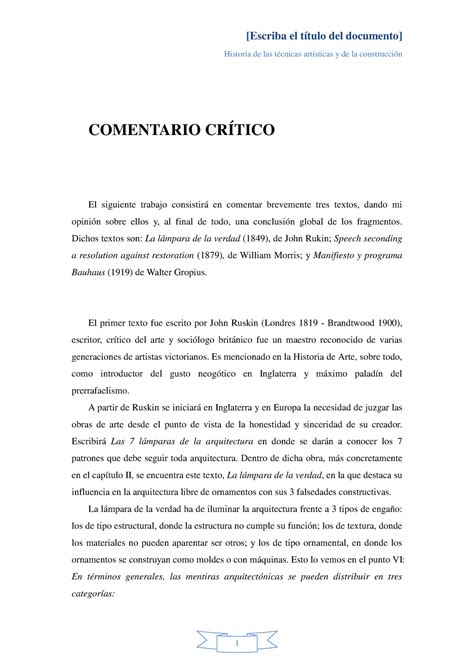 Ejercicio De Seminario Comentario Crítico Historia De Las Técnicas