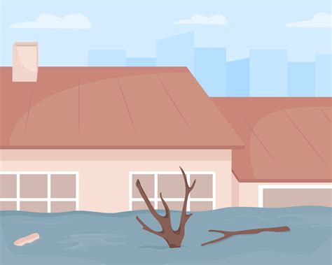Urban Flood Disaster Flat Color Vector Illustration Damage To Buildings And Nature Raise Water