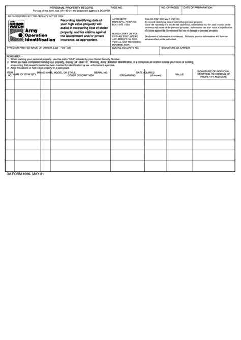 Army High Value Item Sheet Fillable Army Military