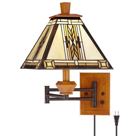 The clean lines and classic architecture are accented with straight arm or gooseneck downlights that evoke retro or industrial designs. Walnut Mission Collection Plug-In Swing Arm Wall Lamp - #91974 | Lamps Plus